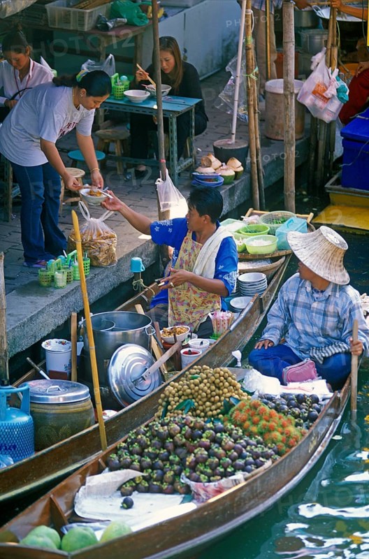 Food stalls at Damnoen Saduak floating market, Thailand, December 2002, vintage, retro, old, historic