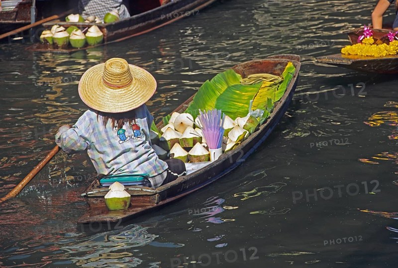 Merchant in her boat at Damnoen Saduak Floating Market, Thailand, December 2002, vintage, retro, old, historic