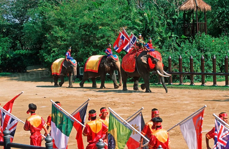 Performance with elephants at Samphran Elephant Ground and Zoo near Bangkok, Thailand, December 2002, vintage, retro, old, historic