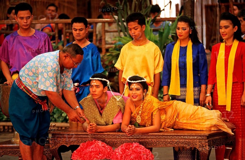Performance of a traditional wedding ceremony at Rose Garden near Bangkok, Thailand, December 2002, vintage, retro, old, historic