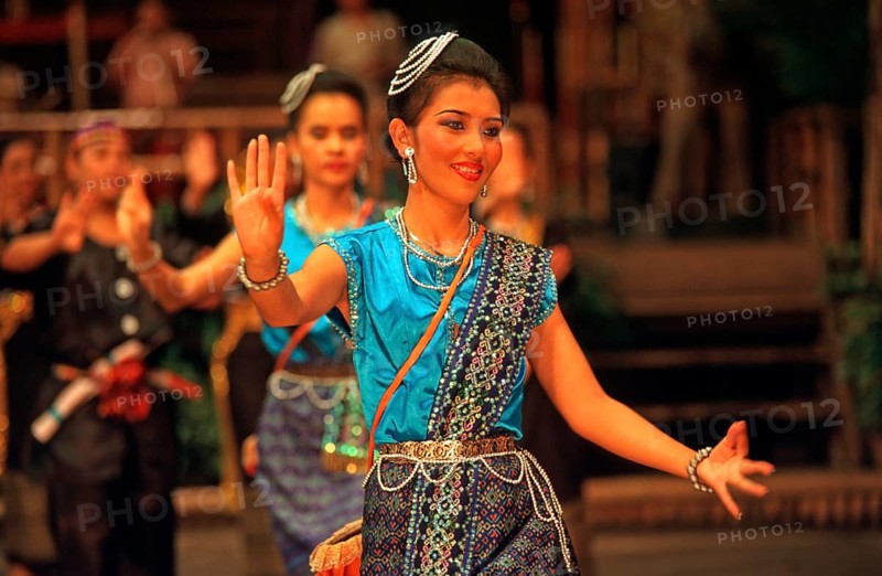 Performance of traditional dances in the Rose Garden near Bangkok, Thailand, December 2002, vintage, retro, old, historic