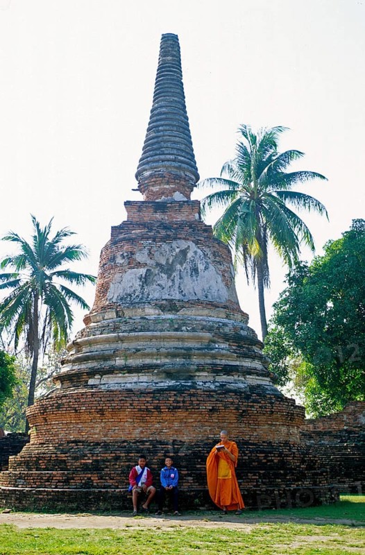 People, monk, boys, palm trees, chedi at Wat Phra Si Sanphet, Ayutthaya, Thailand, December 2002, vintage, retro, old, historical