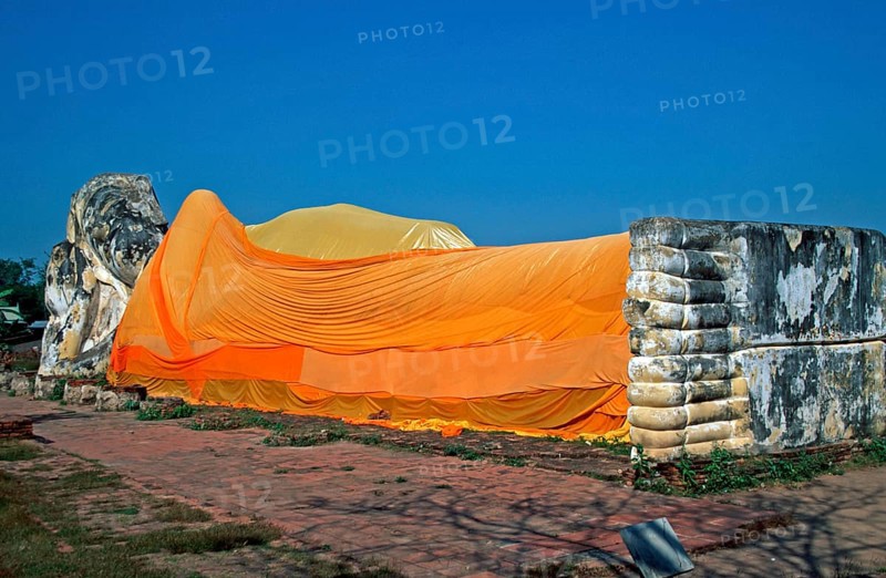 Statue of the reclining Buddha, Ayutthaya, Thailand, December 2002, vintage, retro, old, historic