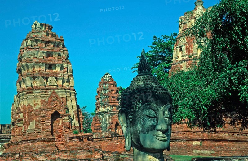 Chedis, Buddha head, Wat Mahatat, Ayutthaya, Thailand, December 2002, vintage, retro, old, historic