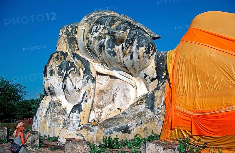 Tourist, statue of reclining Buddha, Ayutthaya, Thailand, December 2002, vintage, retro, old, historic