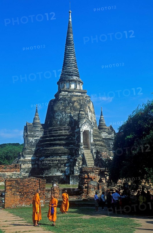 Monks, chedi at Wat Phra Si Sanphet, Ayutthaya, Thailand, December 2002, vintage, retro, old, historic