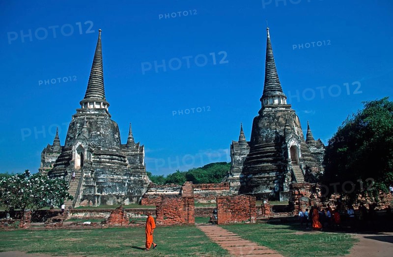Monks, Chedis at Wat Phra Si Sanphet, Ayutthaya, Thailand, December 2002, vintage, retro, old, historic