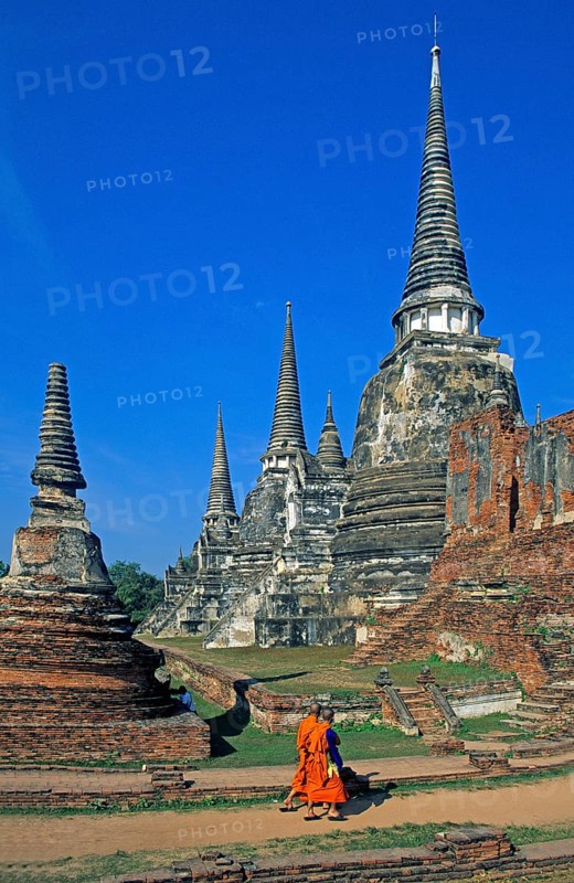 Monks, Chedis at Wat Phra Si Sanphet, Ayutthaya, Thailand, December 2002, vintage, retro, old, historic