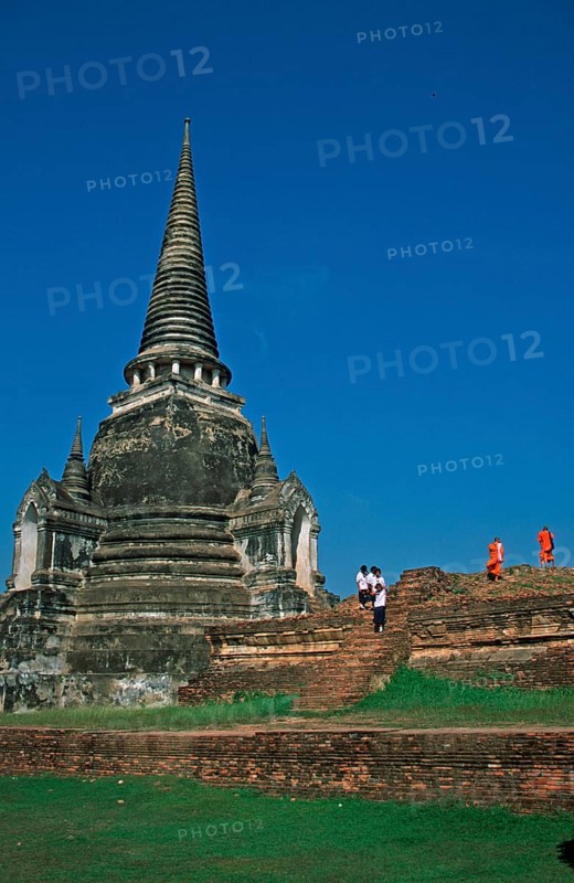 People, monks, girls, chedi at Wat Phra Si Sanphet, Ayutthaya, Thailand, December 2002, vintage, retro, old, historical