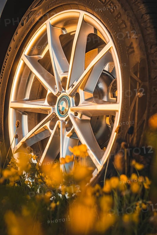 Close-up of a car rim surrounded by yellow flowers, BMW i7 electric car, Deer e-Carsharing, Calw, Germany