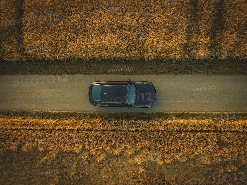 Aerial view of a car on a path between golden fields at sunset, BMW i7 electric car, Deer e-Carsharing, Calw, Germany