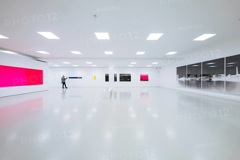 Visitors in a modern gallery with eye-catching color field paintings, Schauwerk, Sindelfingen, Germany