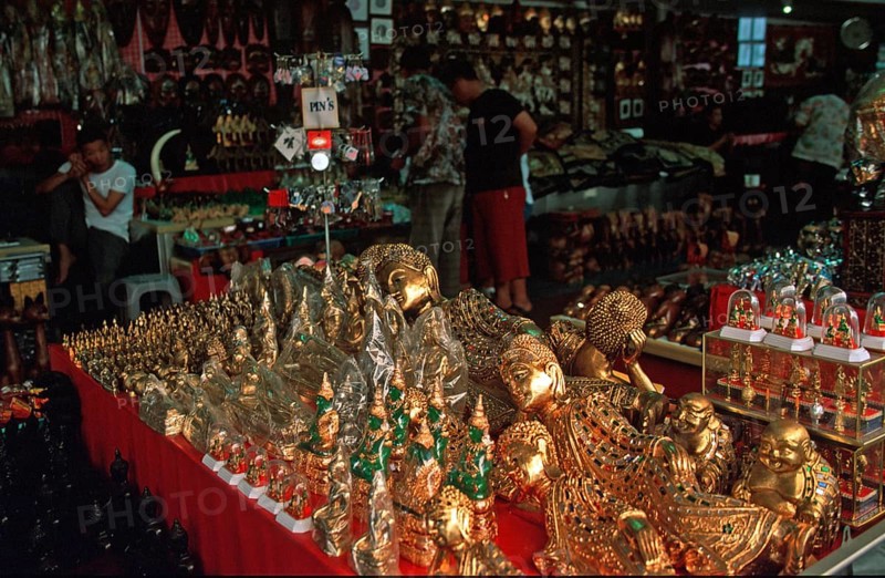Displays in the temple kiosk, Wat Pho, Bangkok, Thailand, December 2002, vintage, retro, old, historic