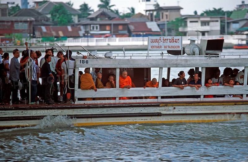 Liner on the Mae Nam Chao Phraya River, people, monks, children, Bangkok, Thailand, December 2002, vintage, retro, old, historic