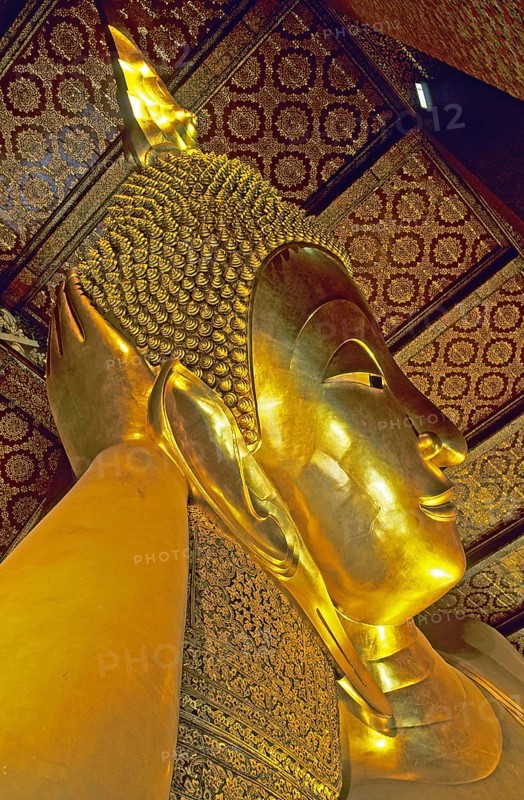 Head, reclining Buddha in Wat Pho, Bangkok, Thailand, December 2002, vintage, retro, old, historic