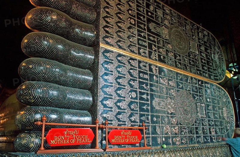 Feet, reclining Buddha in Wat Pho, Bangkok, Thailand, December 2002, vintage, retro, old, historic