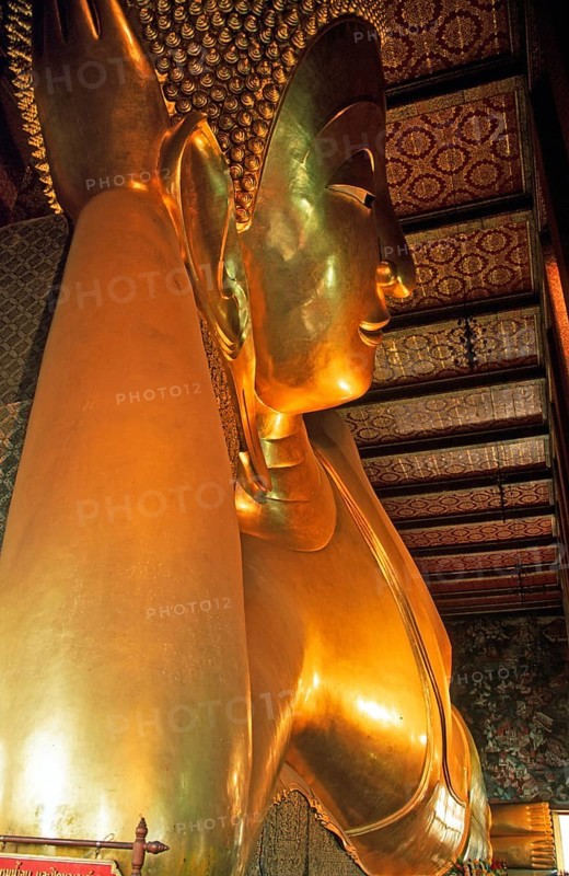 Reclining Buddha in Wat Pho, Bangkok, Thailand, December 2002, vintage, retro, old, historic