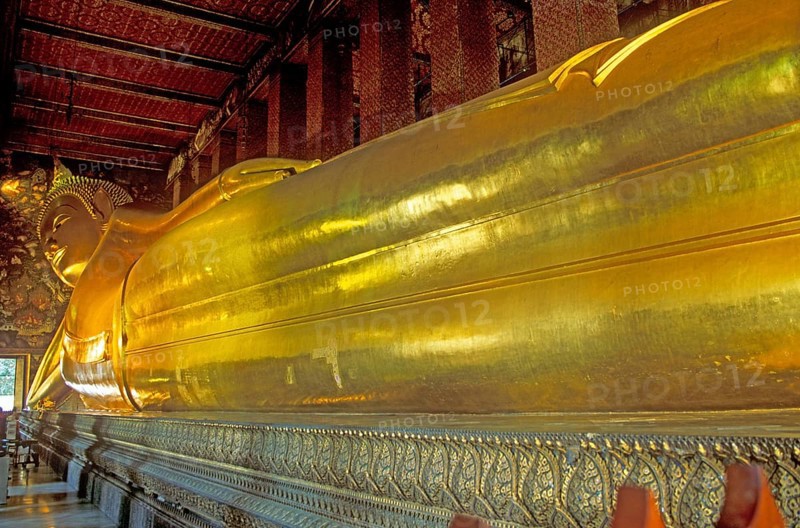 Reclining Buddha in Wat Pho, Bangkok, Thailand, December 2002, vintage, retro, old, historic