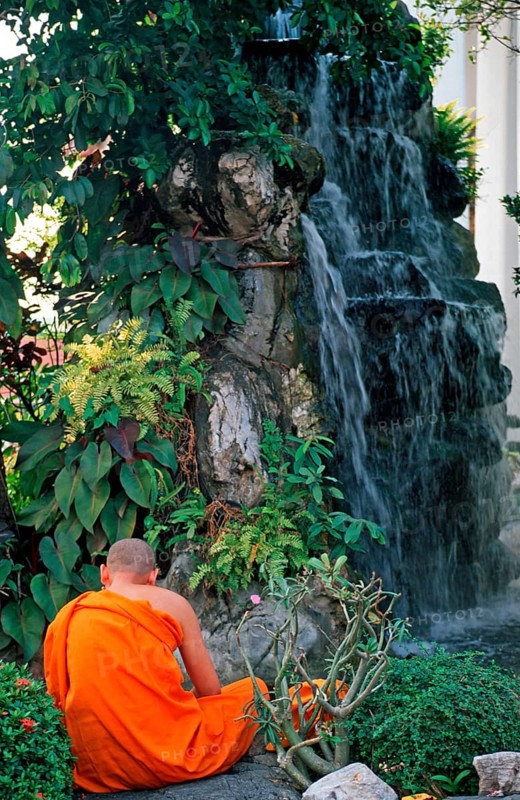 Meditating monk, waterfall, Wat Pho, Bangkok, Thailand, December 2002, vintage, retro, old, historic