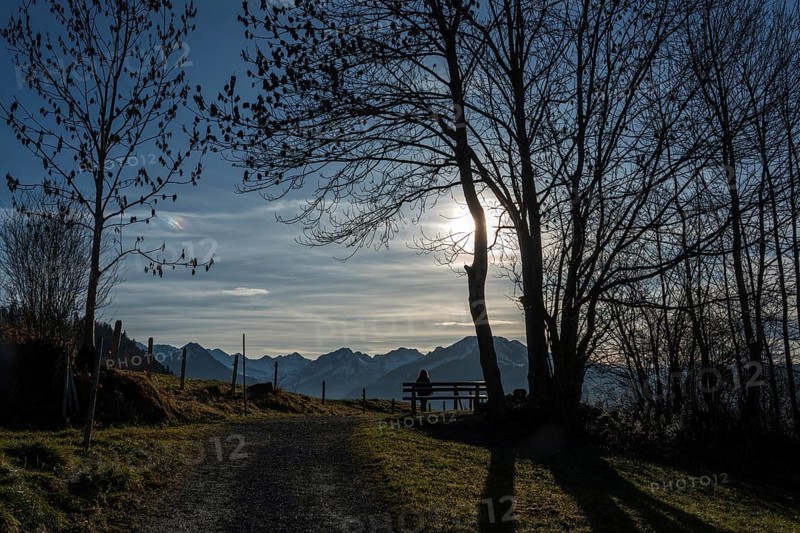 Hiker sitting on bench under bare trees, Reichenbach, back light, mountains of the Allgäu Alps, Oberstdorf, Oberallgäu, Allgäu, Bavaria, Germany