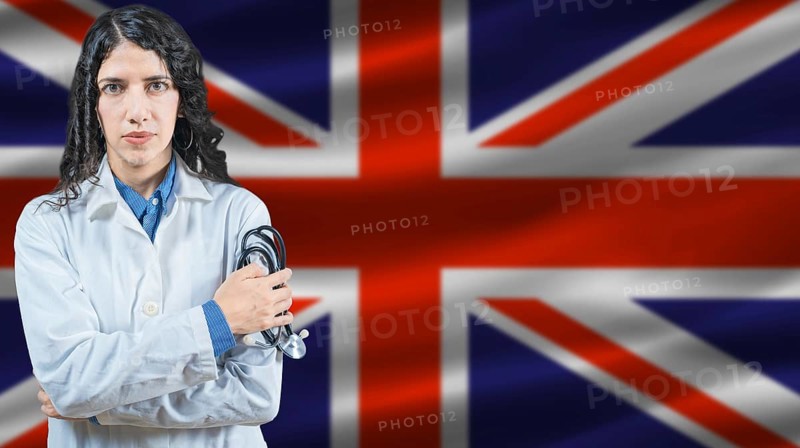 British national health system, Medical professional on United Kingdom flag background