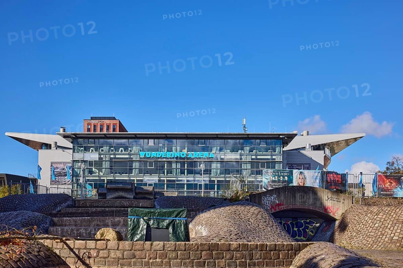 Wunderino Arena multi-purpose hall or former Baltic Sea Hall, fountain complex, brick and paving stones building material, pedestrian zone, blue sky, Europaplatz, Kiel, state capital, district-free city, Schleswig-Holstein, Germany