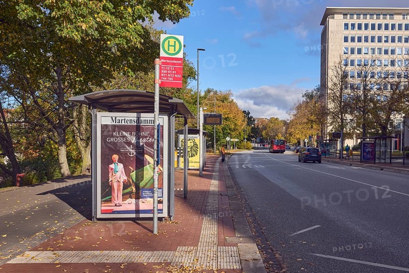 Martensdamm bus stop, public transport, Kieler Volksbank eG - Kompetenzcenter am Martensdamm, commercial building, high-rise building, modern architecture, trees, autumn leaves, blue sky, cumulus clouds, Martensdamm road, Kiel, state capital, district-free city, Schleswig-Holstein, Germany