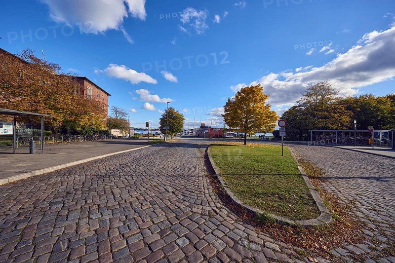 Reventloubrücke bus stop, street, central island, cobblestone roadway, trees with autumn leaves, lawn, general architecture, brick building, side light, blue sky, cumulus clouds, Reventlou bridge, Reventlouallee, Kiel, state capital, district-free city, Schleswig-Holstein, Germany