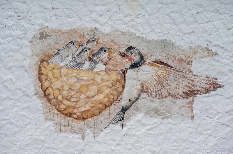 Swallow feeding her young in the nest, a painting on a farmhouse, Morschreuth, Upper Franconia, Bavaria, Germany