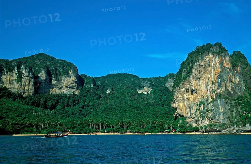 Longtail boat, mountains, Ton Sai beach, two years in front of the tsunami, Krabi, Thailand, December 2002, vintage, retro, old, historic