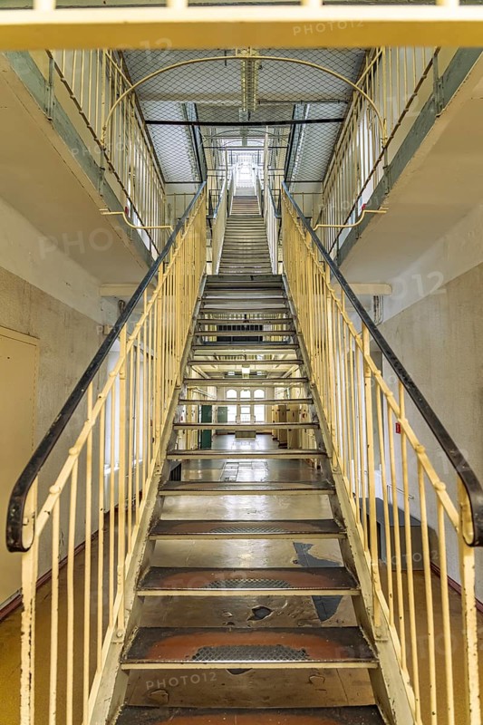 Central staircase in the interior of the former Stasi prison Bautzen II, today a memorial in Bautzen, Upper Lusatia, Saxony, Germany