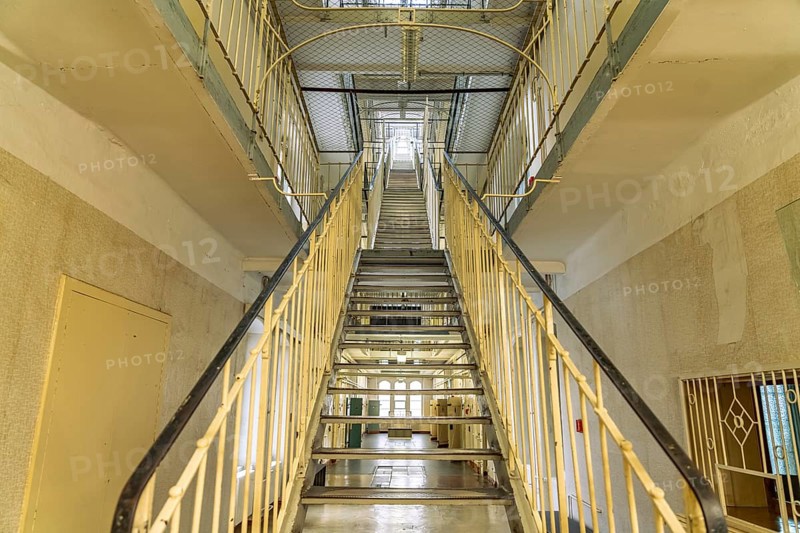 Central staircase in the interior of the former Stasi prison Bautzen II, today a memorial in Bautzen, Upper Lusatia, Saxony, Germany