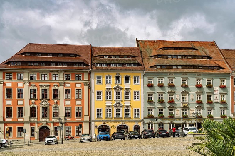 Baroque town houses with city pharmacy and traditional Goldener Adler hotel on the main market in Bautzen, Upper Lusatia, Saxony, Germany