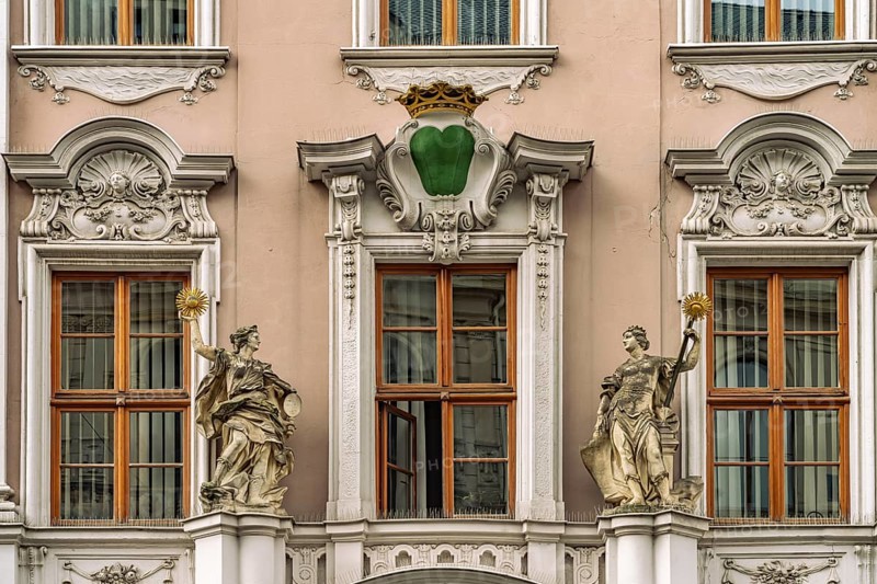 Detail of the baroque Bürgerhaus Hartmannsches Haus on the main market in Bautzen, Upper Lusatia, Saxony, Germany