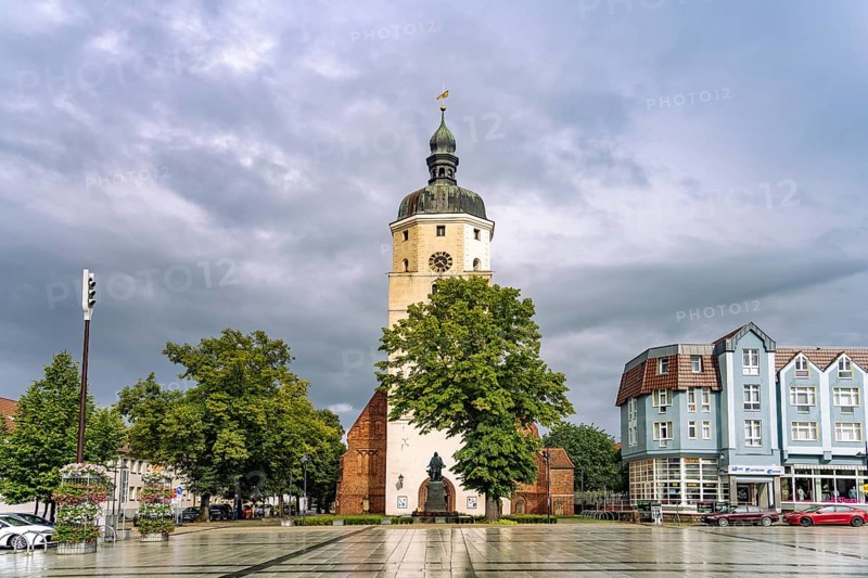 Market square and Paul-Gerhardt church in Lübben in the Spreewald, Brandenburg, Germany