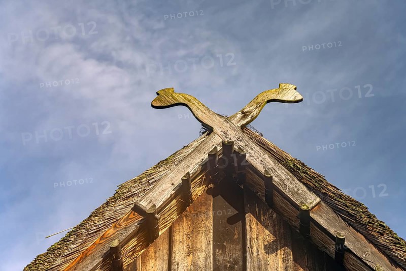 Typical traditional pediment with the symbol of two crossed snakes in the open-air museum near Spreewalddorf Lehde, Lübbenau/ Spreewald, Brandenburg, Germany