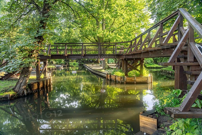 Wooden bridge in the open-air museum near Spreewalddorf Lehde, Lübbenau/Spreewald, Brandenburg, Germany