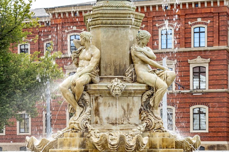 The Muschelminna fountain or Toberentzbrunnen at Postplatz in Görlitz, Upper Lusatia, Saxony, Germany