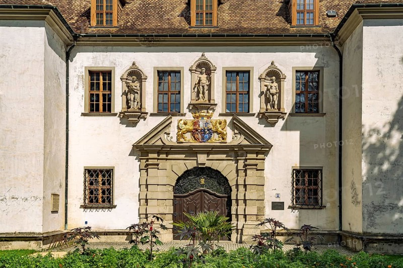 Portal of the Old Muskau Castle in the UNESCO World Heritage Site Muskauer Park or Muzakowski Park in Bad Muskau, Upper Lusatia, Saxony, Germany
