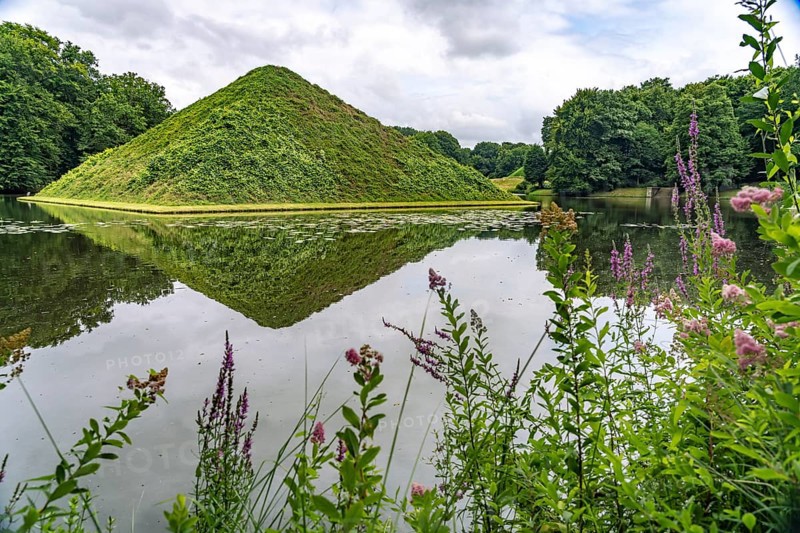 Pyramid lake with lake pyramid in Branitz Park, landscape park created in 1846 by Prince Hermann von Pückler-Muskau in Branitz, Cottbus, Spree-Neisse district, Brandenburg, Germany