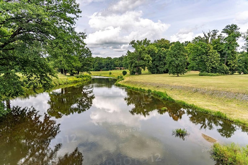 The Neisse in Muskauer Park or Park Muzakowski in Bad Muskau, Upper Lusatia, Saxony, Germany