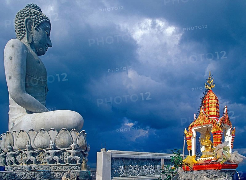 Buddha statue and shrine in Wat Tam Sua monastery, which is partly on the top of a mountain, Krabi, Thailand, December 2002, vintage, retro, old, historic