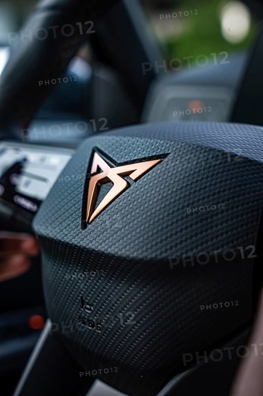 Detailed view of a steering wheel with brand emblem and textured surface, Cupra electric car, e-car sharing, Calw, Germany