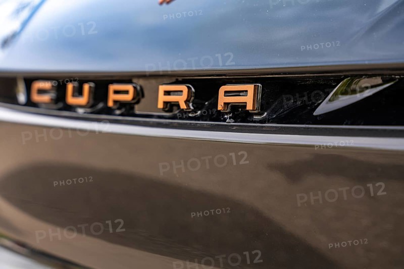 Detailed view of shiny lettering in copper paint on a car, Cupra electric car, e-car sharing, Calw, Germany
