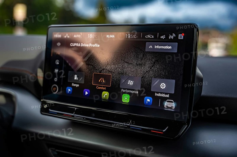 Modern infotainment display in a Cupra vehicle with various driving profiles and navigation options, Cupra electric car, e-car sharing, Calw, Germany