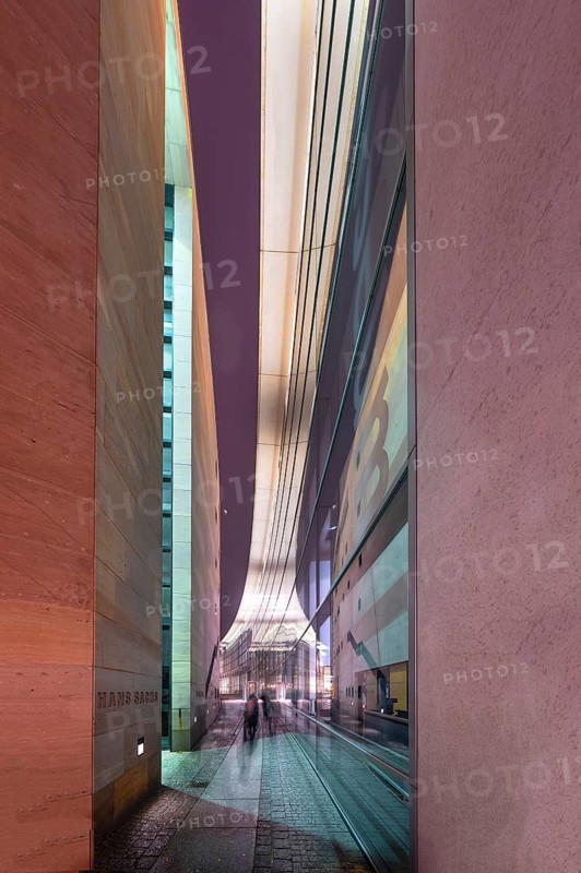 Evening reflection in the glass façade of the Neues Museum, State Museum of Art and Design, Nuremberg, Middle Franconia, Bavaria, Germany