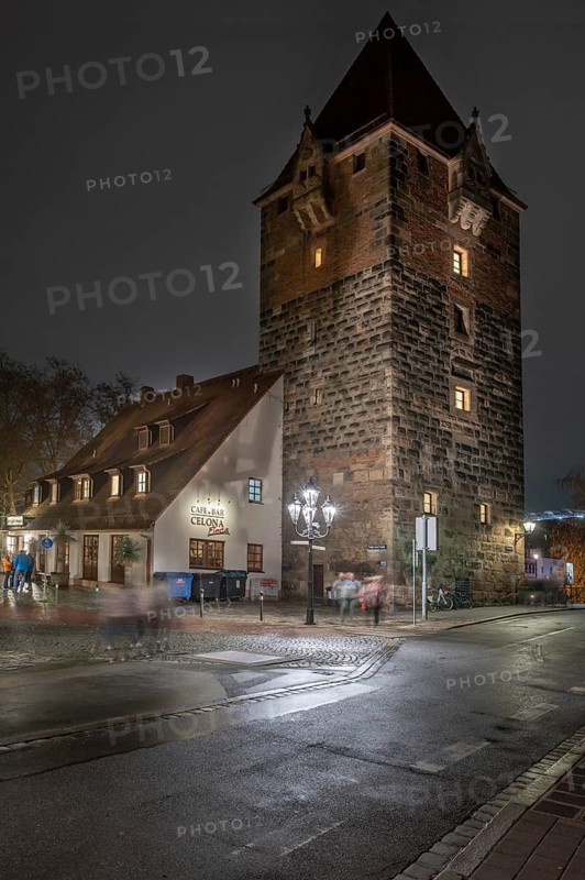 Medieval debt tower in evening lighting, built around 1323, front island of Schütt, Nuremberg, Middle Franconia, Bavaria, Germany