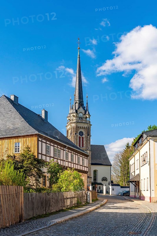 Saint Lawrence Church and houses in the town of Elterlein, Ore Mountains, Saxony, Germany