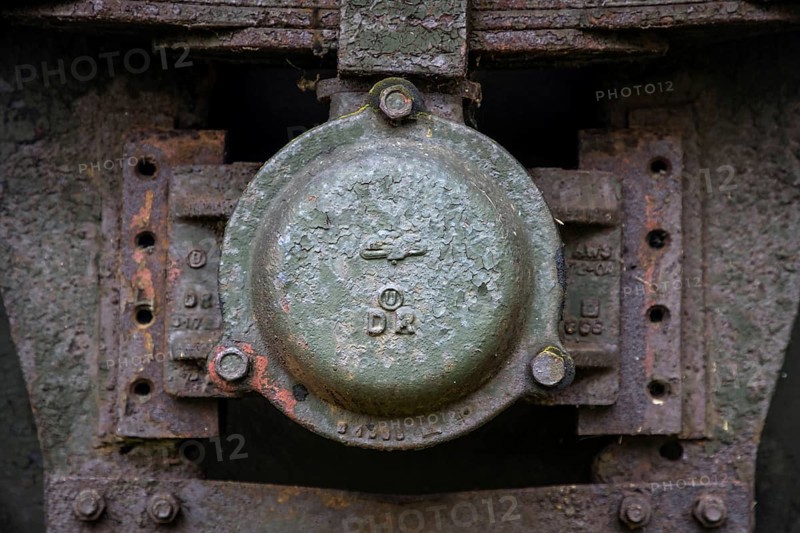 Detailed view of the axle of an old railway wagon near the former Bresewitz station, near Zingst, Mecklenburg-Western Pomerania, Germany