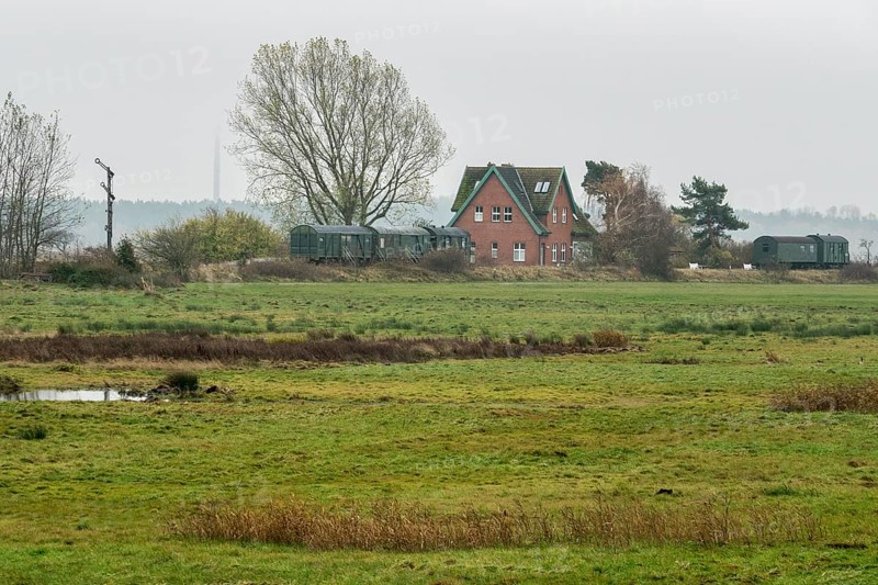 Former Bresewitz station with old railroad cars, near Zingst, Mecklenburg-Western Pomerania, Germany